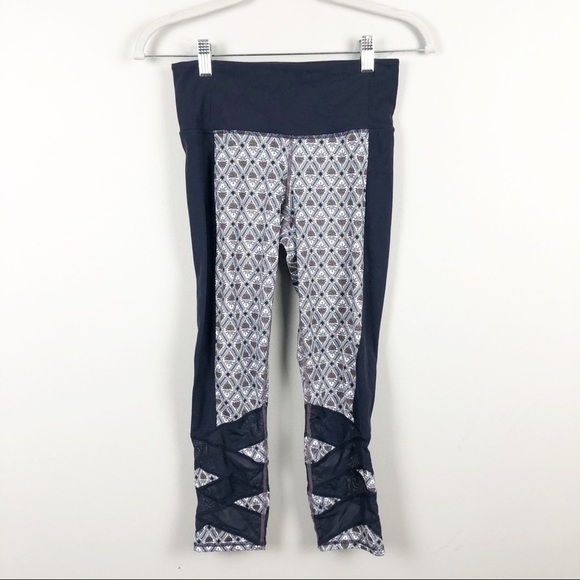 Athleta Mantra Mosaic Printed Cropped Sheer Mesh Leggings XS Blue Workout - Picture 2 of 6